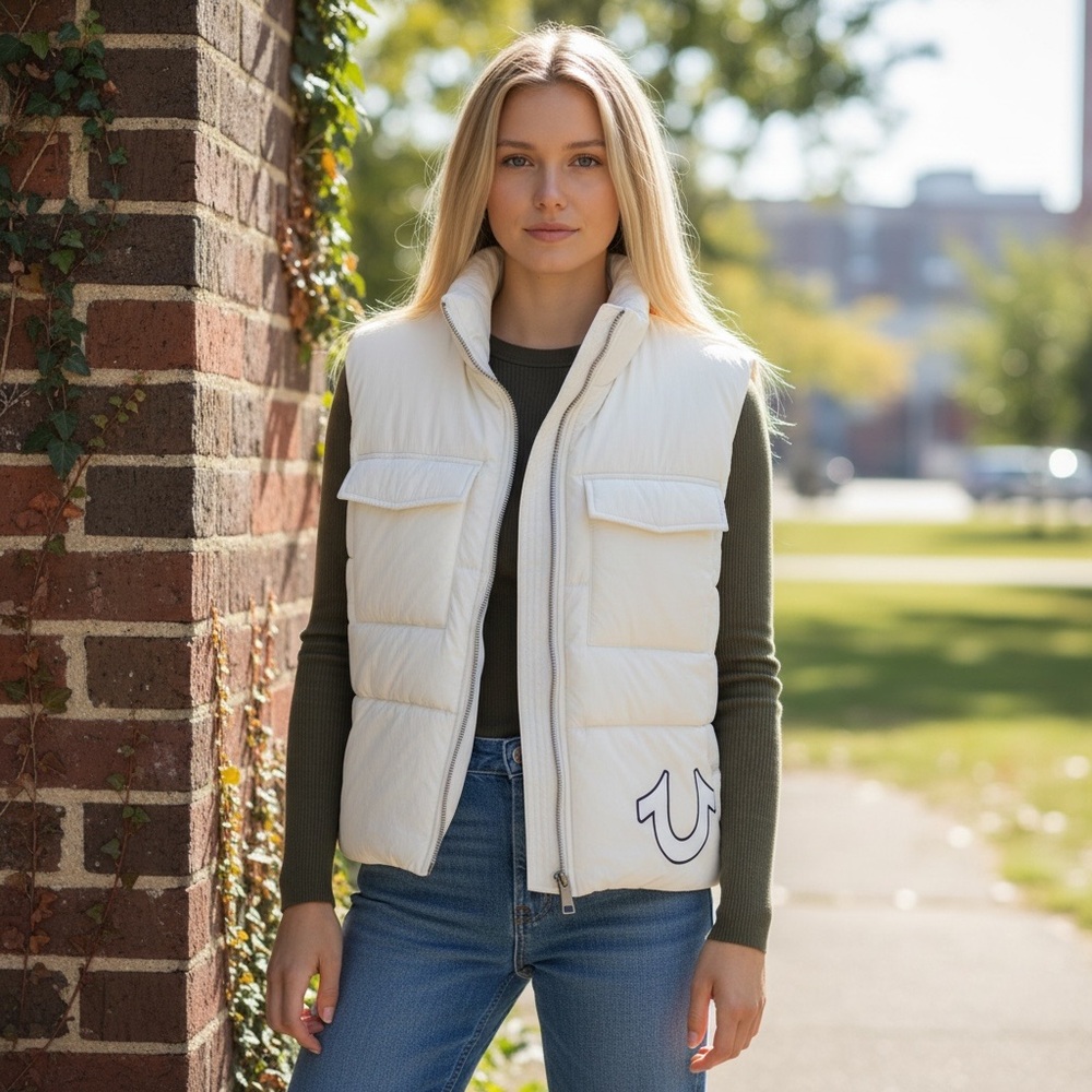 True Religion Quilted Logo Puffer Vest Ivory Women’s Size S